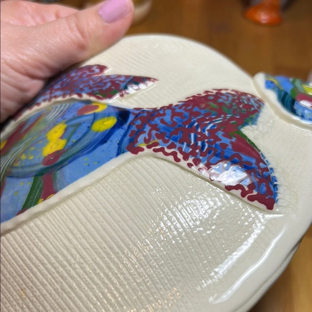 Artist Lucinda signed pottery fish Wall pocket Colorful Decor